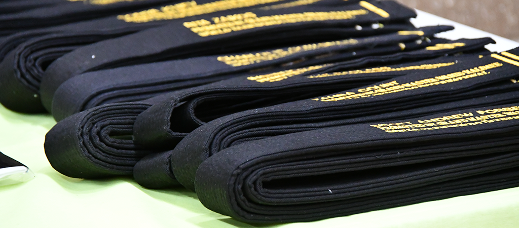 This is a high-resolution photograph showcasing several World Taekwonodo black belts neatly arranged in a row. The belts are predominantly black with golden text printed on them, indicating the names and ranks of World Taekwondo students. The golden text is clearly visible and legible, with the names and ranks written in a consistent font style. The belts are laid flat on a light green tablecloth, which adds a subtle contrast to the dark belts. The tablecloth has a smooth, slightly glossy texture. The belts are stacked in a slightly overlapping manner, creating a sense of depth and orderliness. The background is blurred, focusing attention on the belts, and the lighting is even, highlighting the details of the belts and the text on them. The overall composition and color palette suggest a formal setting. It is an award ceremony, emphasizing the significance of the belts and the achievements associated with them.